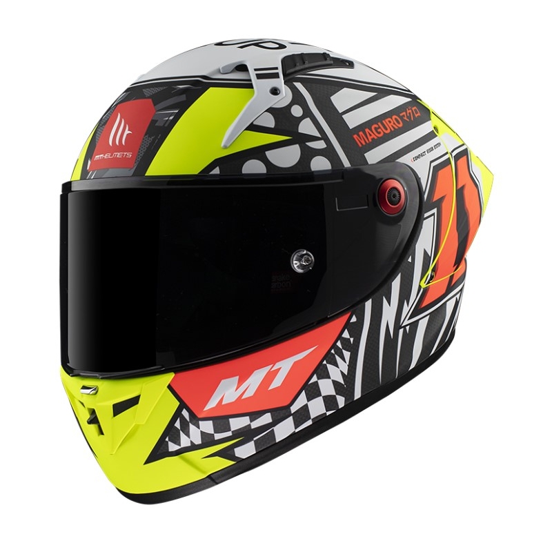 Integrálna prilba na motocykel MT KRE+ Carbon Sergio Garcia A3 čierno-bielo-červeno-fluo žltá