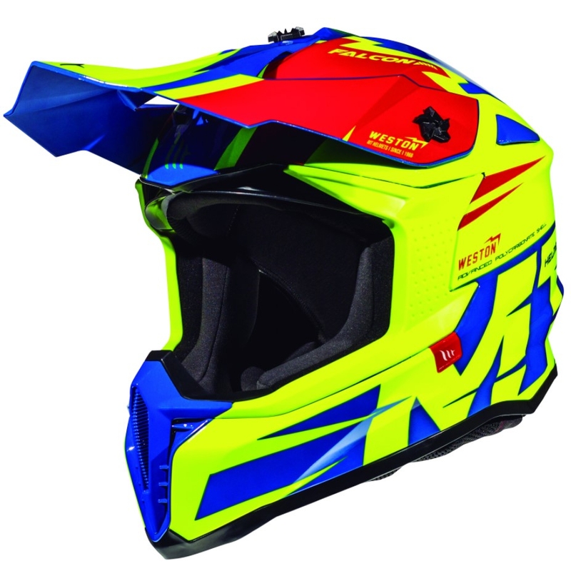 Motokrosová prilba MT Falcon Weston červeno-modro-fluo žltá