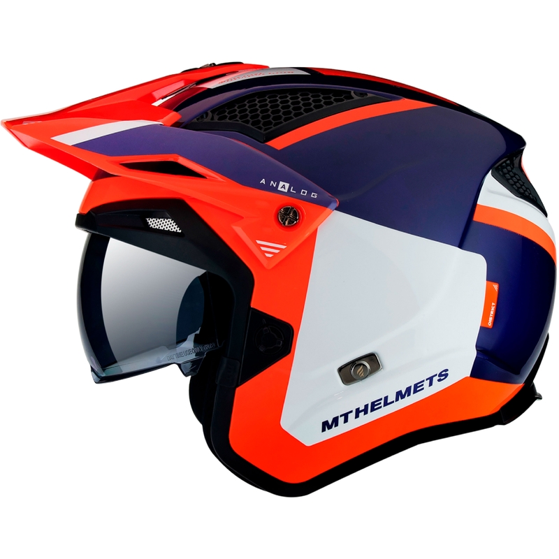 Otvorená trialová prilba na motocykel MT District SV Analog D5 modro-bielo-fluo oranžová